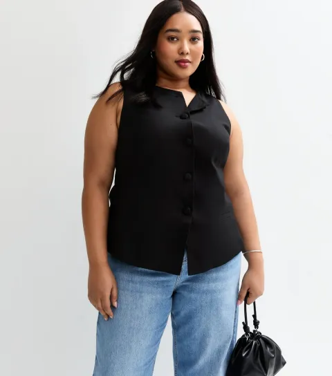 Women's Plus Size Black Linen Blend Crew Neck Waistcoat Curves