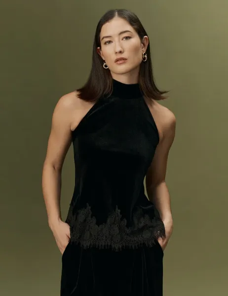 Ghost Velvet High Neck Tie Detail Top