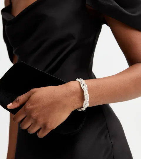Silver Tone Twisted Diamanté Plaited Bracelet