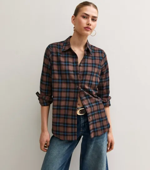 New Look Women's Brown Check Cotton Longline Shirt