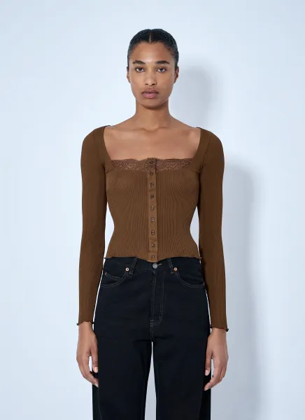 Ribbed Lacy Button Up Top