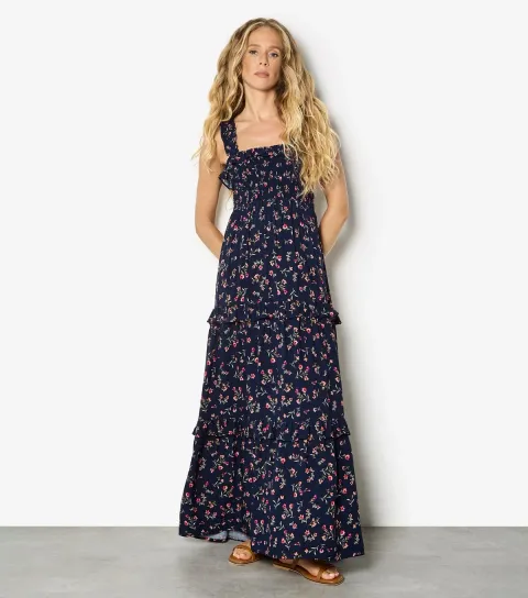 Women's Navy Ditsy Floral Shirred Maxi Dress