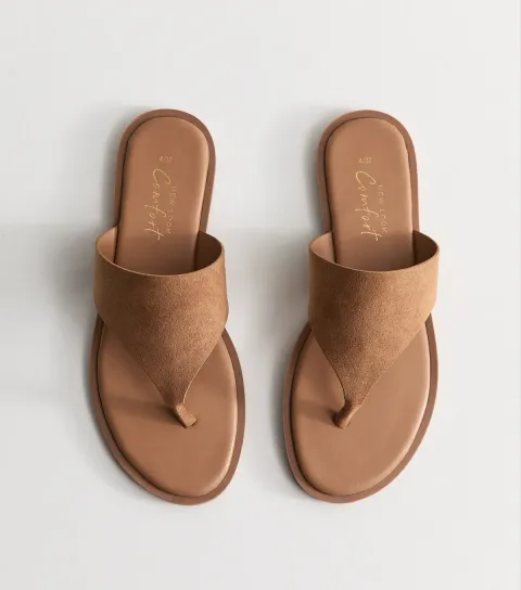 Women's Tan Faux Suede Wide Toe Strap Flat Sandals Vegan