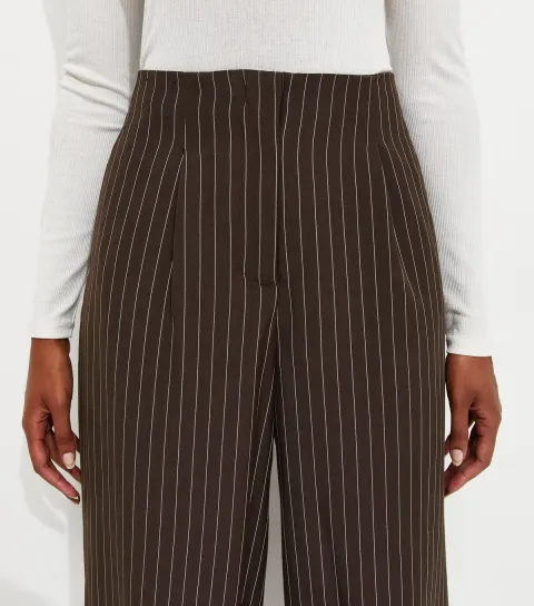 Women's Brown Pinstriped Tapered Cuffed Trousers