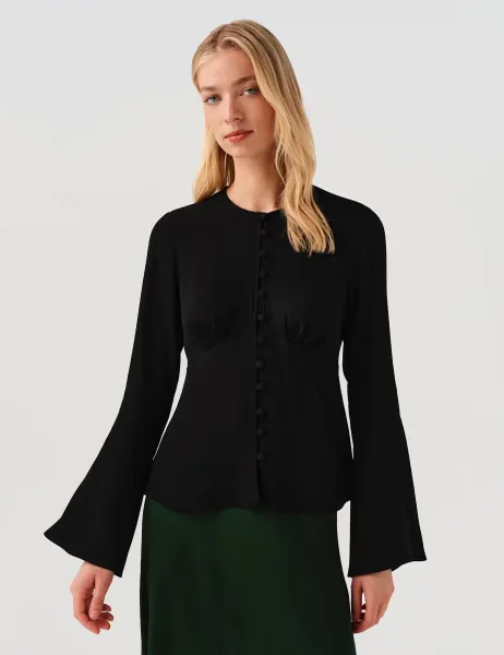 Ghost Round Neck Button Long Sleeve Blouse Black