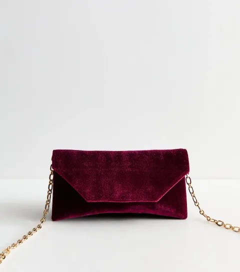New Look Dark Burgundy Velvet Envelope Clutch Bag