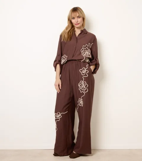 Blue Vanilla Women's Dark Brown Floral Embroidered Trousers