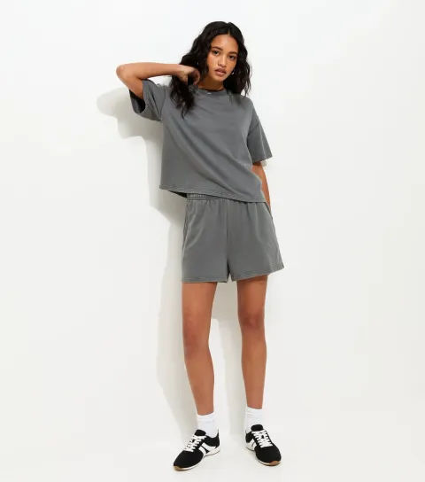 Women's Dark Grey Acid Wash Jogger Shorts