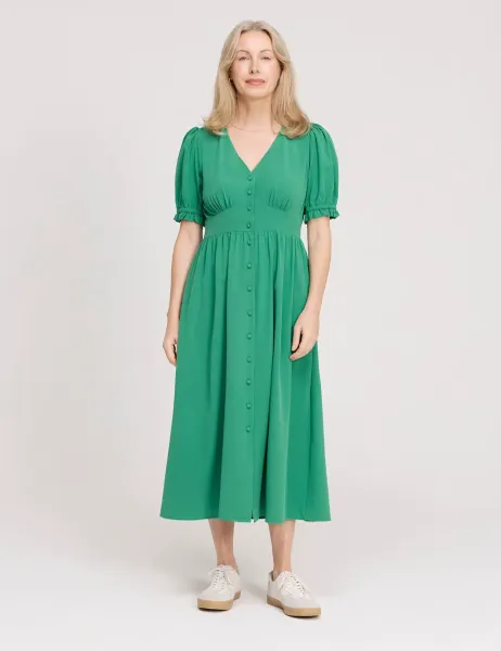 Finery London V-Neck Button Through Midi Tea Dress Green