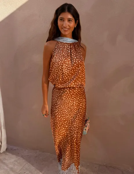 Never Fully Dressed Animal Print Halter Neck Tie Detail Top Brown Mix