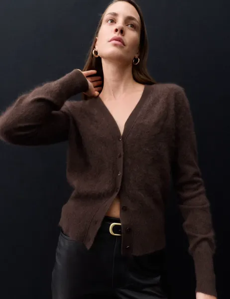 Autograph Brushed Pure Cashmere V Neck Slim Cardigan Bitter Chocolate