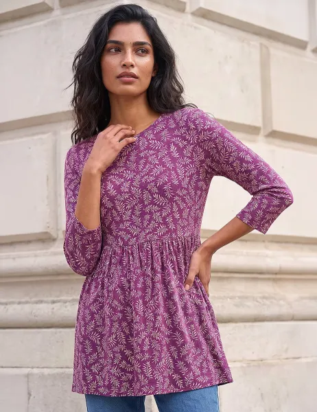 Roman Jersey Leaf Print Gathered Waist Tunic Top Purple