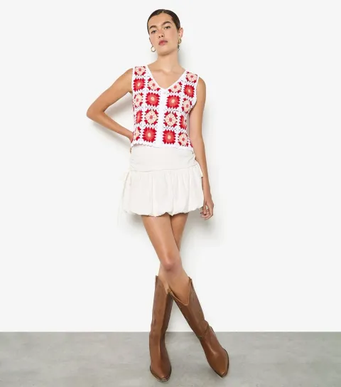 Women's Red Floral Crochet Button Through Vest