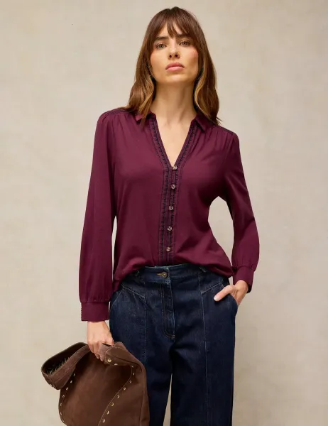 White Stuff Cotton Rich Embroidered Collared Button Detail Shirt Plum