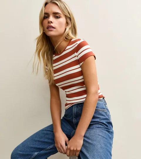 Women's Petite Red Striped Baby Tee