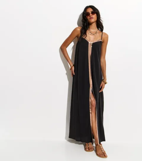 Women's Black Sequin Trim Maxi Dress