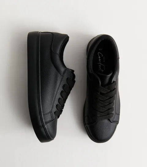 Women's Black Faux Leather Lace Up Trainers Vegan