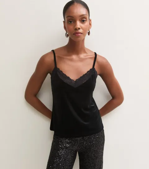 New Look Women's Black Velvet Lace Trim Cami Top