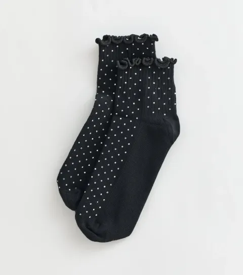 New Look Black Cotton Rich Gem Embellished Ribbed Frill Trim Ankle Socks