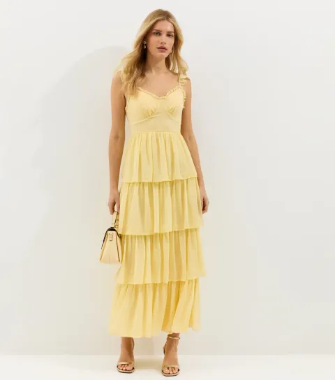 New Look Women's Yellow Tiered Chiffon Midi Dress