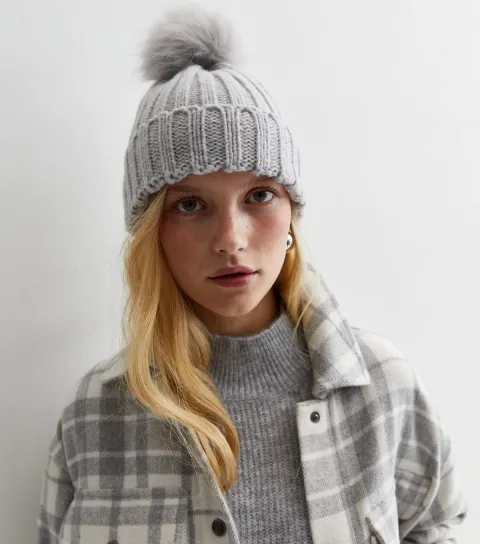 New Look Pale Grey Knit Faux Fur Pom Pom Bobble Hat