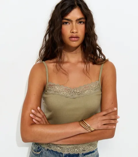 Women's Light Khaki Cotton Rich Lace Trim Cami Top