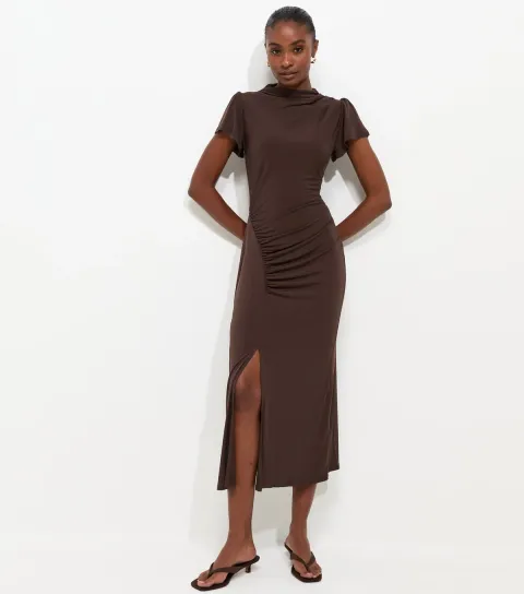 Women's Dark Brown Ruched Split Short Sleeve Midi Dress