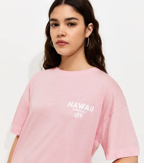 Women's Bright Pink Cotton Hawaii Print Oversized T-Shirt