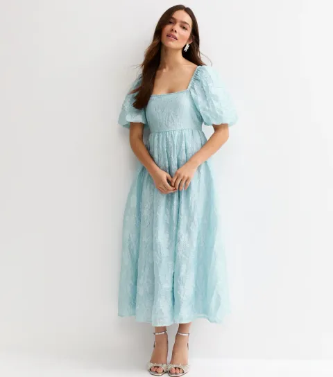 Women's Petite Light Blue Glitter Milkmaid Midi Dress