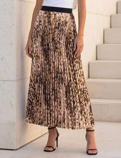 Roman Printed Pleated Midi Skirt Camel Mix