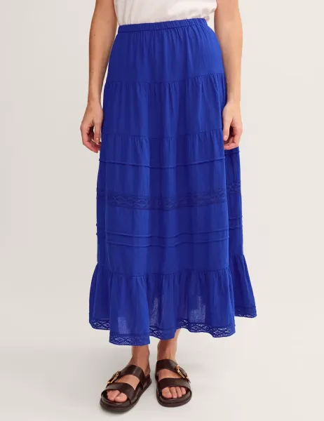 Monsoon Pure Cotton Lace Trim Maxi Tiered Skirt Dark Blue