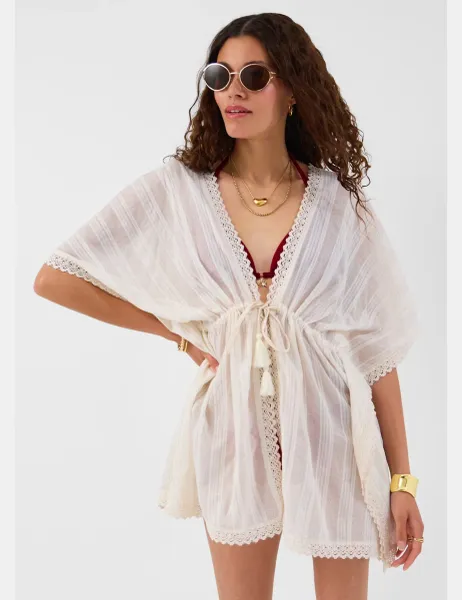 Accessorize Cotton Rich Sparkly Lace Trim Mini Kaftan Ivory