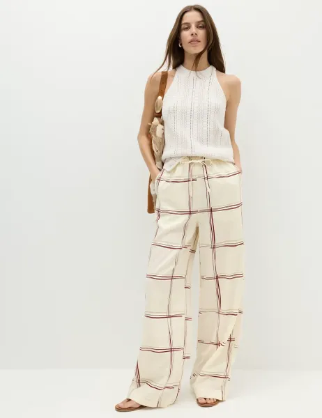 Marks & Spencer Linen Rich Checked Wide Leg Trousers White Mix