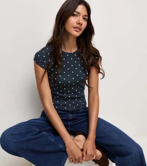 Women's Navy Cotton Rich Polka Dot Baby Tee T-Shirt