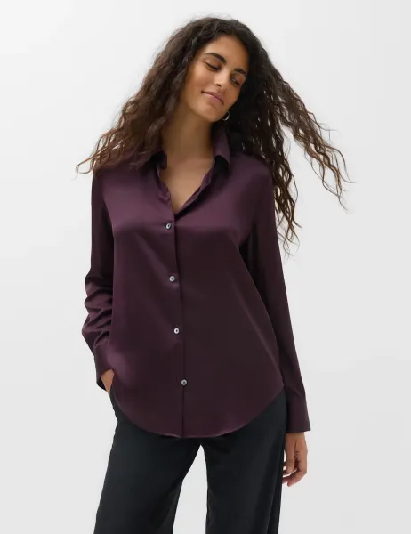 Marks & Spencer Satin Collared Button Through Shirt Dark Aubergine