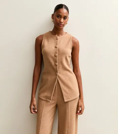 Women's Camel Soft Touch Compact Knit Split Front Waistcoat