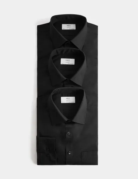 Marks & Spencer 3 Pack Slim Fit Easy Iron Long Sleeve Shirts Black