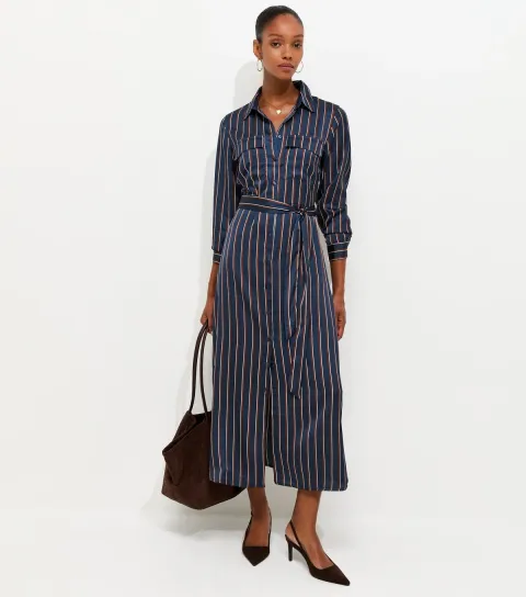 Women's Blue Satin Striped Midi Shirt Dress