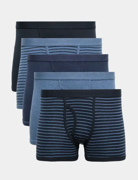 Marks & Spencer 5 Pack Pure Cotton Stretch Striped Trunks Navy Mix