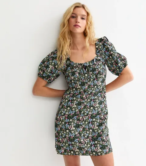 Women's Black Rose Print Square Neck Ruffle Trim Mini Dress