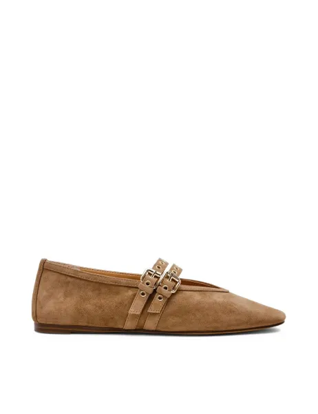Steve Madden Lydia Leather Buckle Flat Pumps Beige