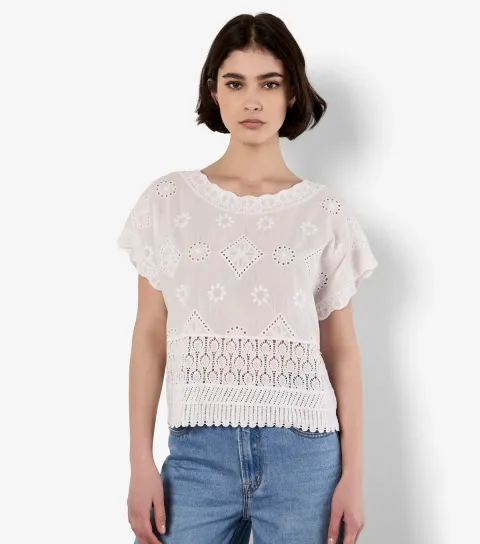 Women's White Embroidered Mesh and Lace Top