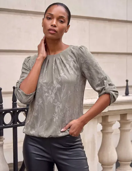 Roman Jacquard Bubble Hem Top Khaki