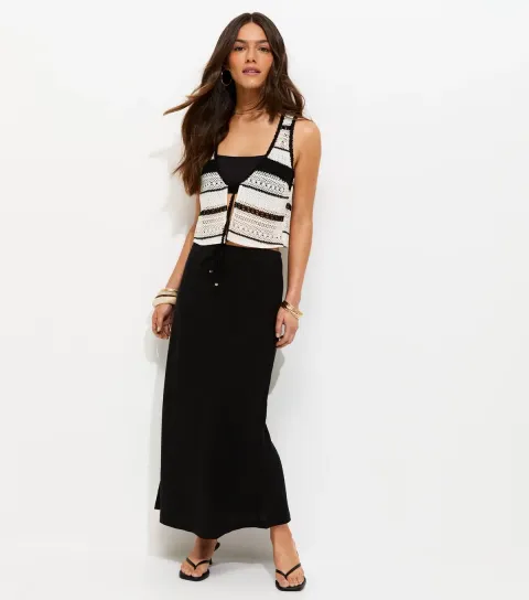 Women's Petite Black Linen Look Bias Cut Tie Waist Midi Skirt