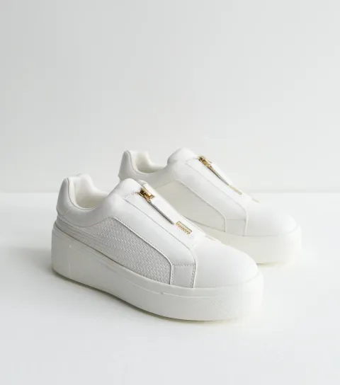 Women's White Faux Leather Zip Top Wedge Trainers Vegan