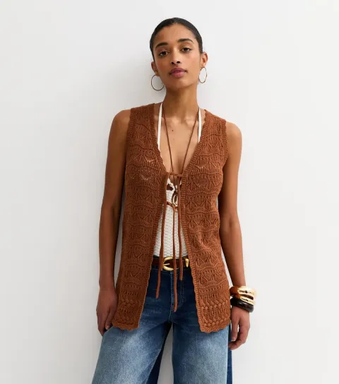 Women's Tan Cotton Rich Wave Stitch Longline Tie Front Waistcoat