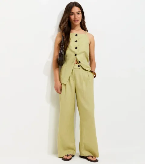Women's Petite Light Green Linen Rich Tailored Trousers