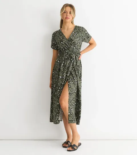Women's Khaki Animal Print Wrap Style Midi Dress
