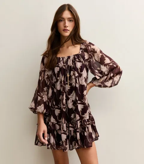 Women's Purple Floral Smock Mini Dress