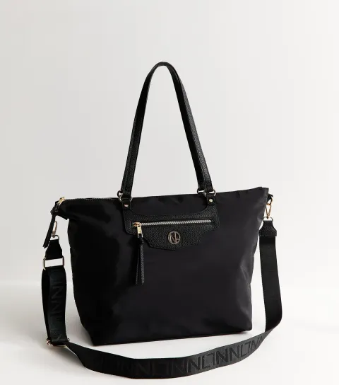 Black Faux Leather Logo Plaque Front Pocket Tote Bag Vegan